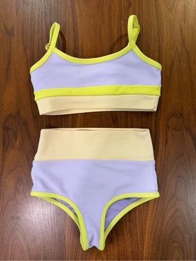 Beach Riot Girls Two-Piece Ribbed Bikini Set in Lavender, Lemon Yellow Size 3/4
